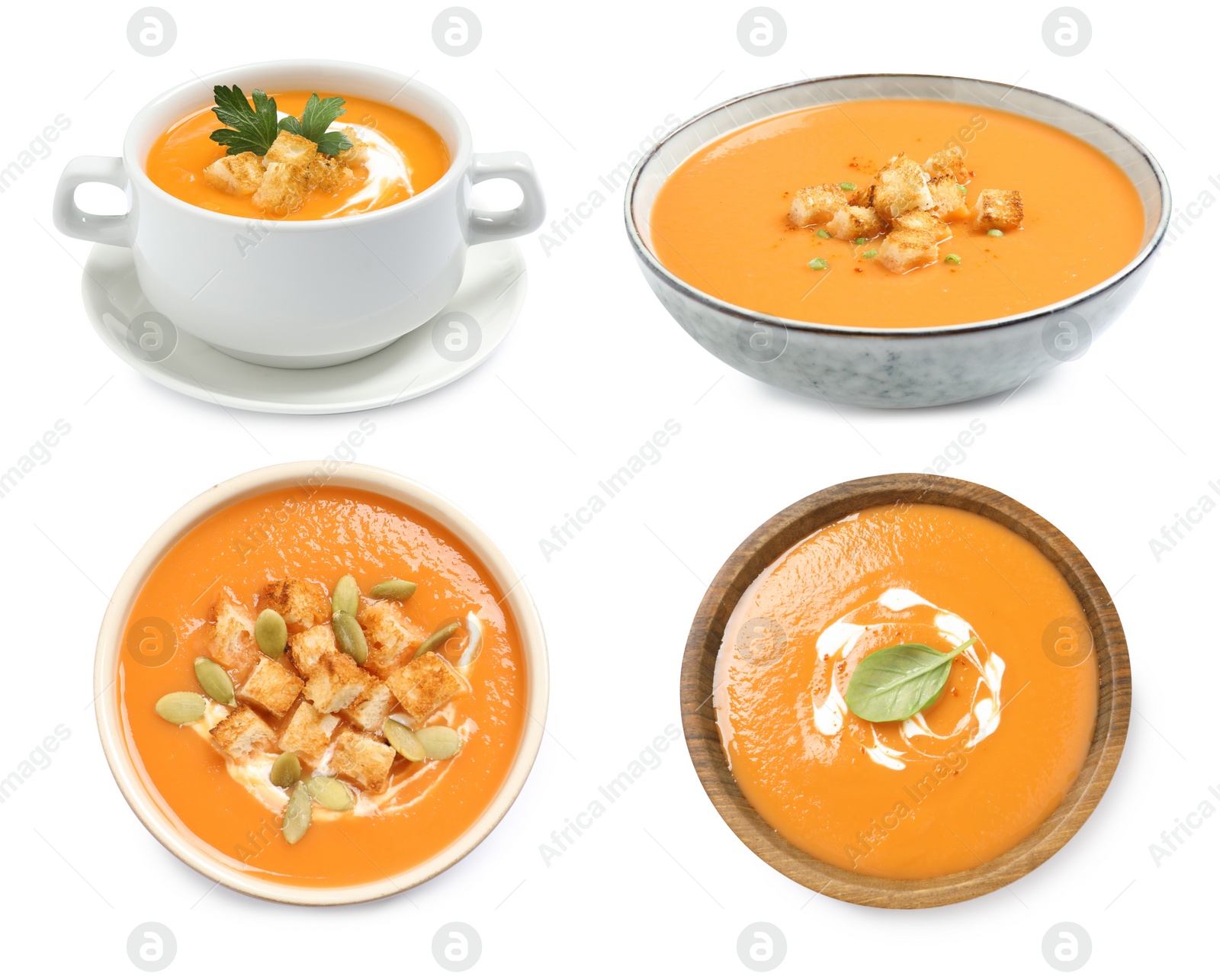 Image of Set of fresh pumpkin soups on white background