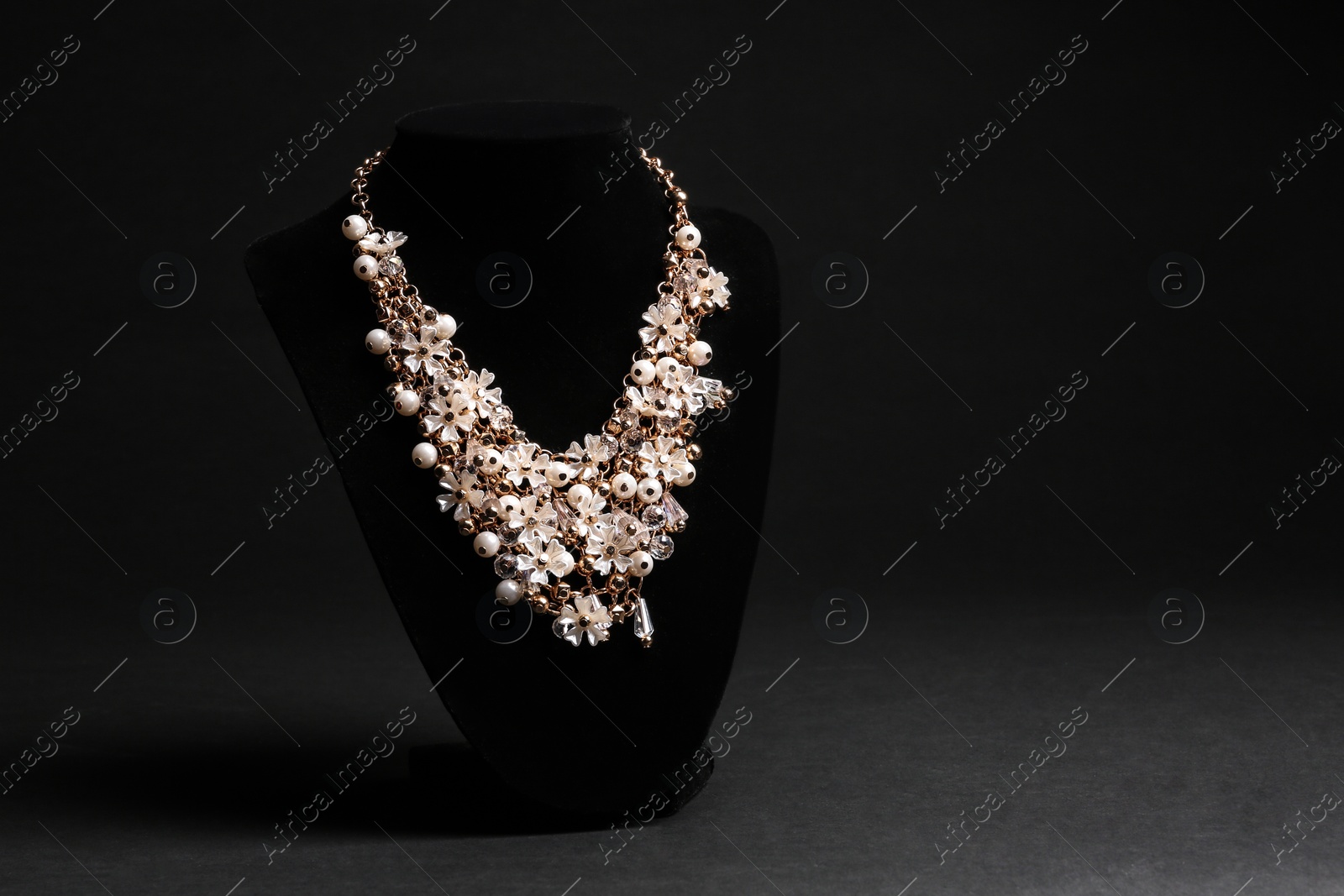 Photo of Elegant necklace on stand against black background, space for text. Luxury jewelry