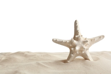 Photo of Sea star in beach sand on white background, space for text