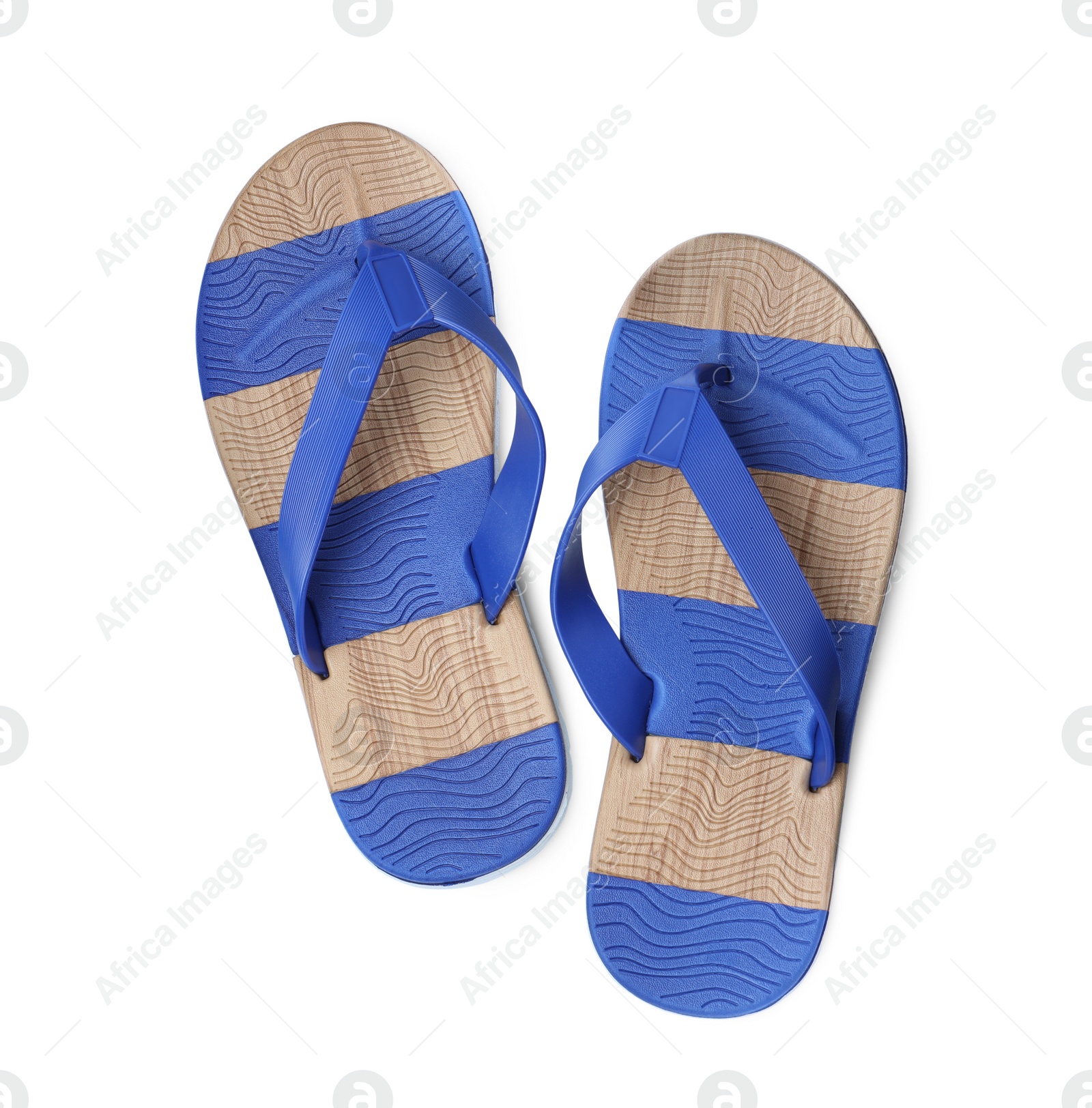 Photo of Pair of bright flip flops isolated on white, top view
