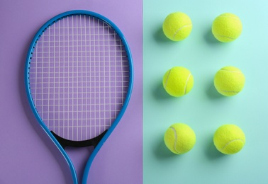 Photo of Tennis racket and balls on color background, flat lay. Sports equipment