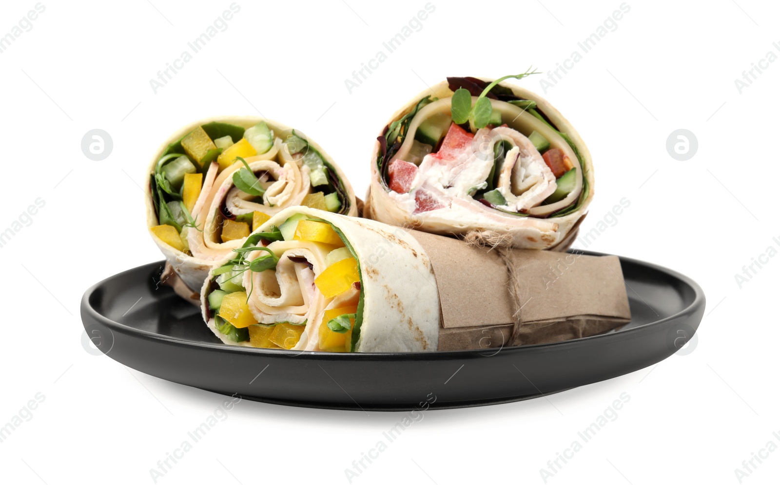 Photo of Delicious sandwich wraps with fresh vegetables isolated on white