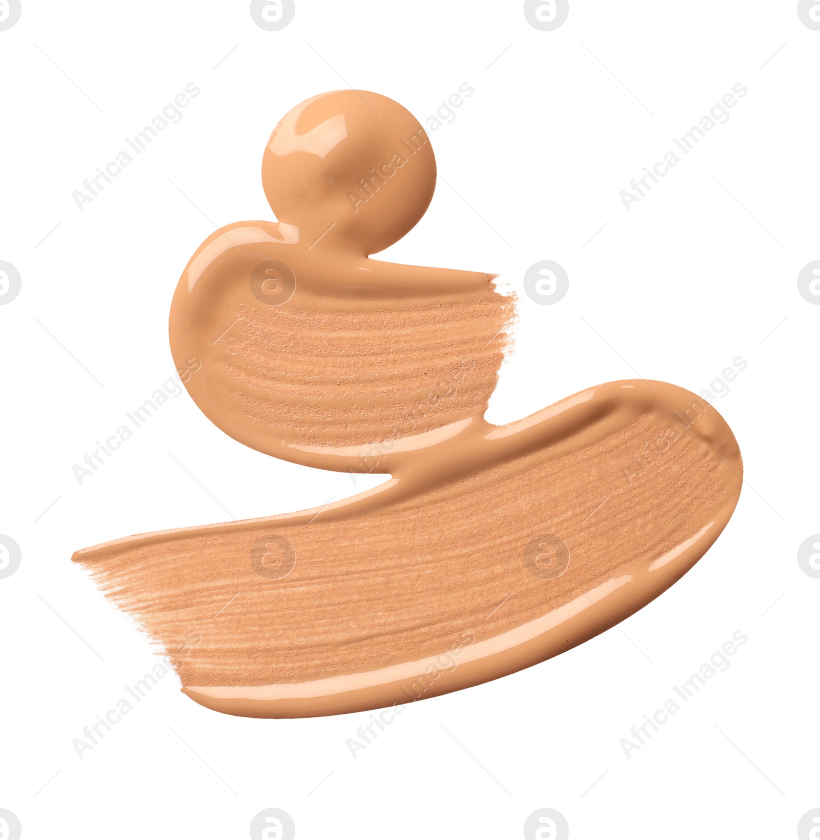 Photo of Sample of liquid skin foundation on white background, top view. Space for text