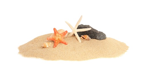 Photo of Beautiful sea stars, stone and seashells in sand isolated on white