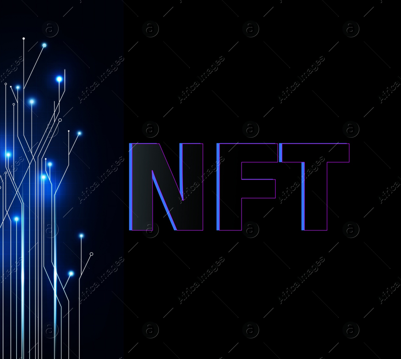 Image of Abbreviation NFT (non-fungible token) and circuit board pattern illustration