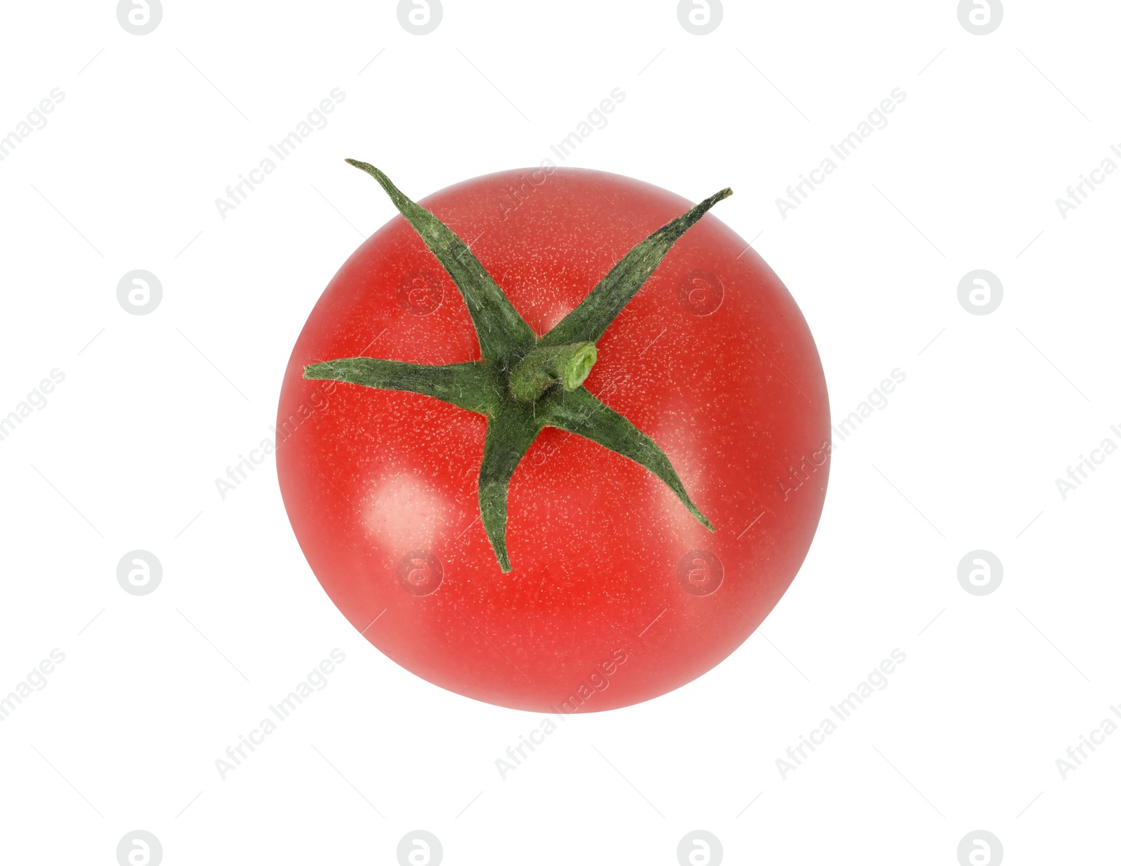 Photo of One red ripe cherry tomato isolated on white, top view