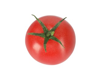 Photo of One red ripe cherry tomato isolated on white, top view