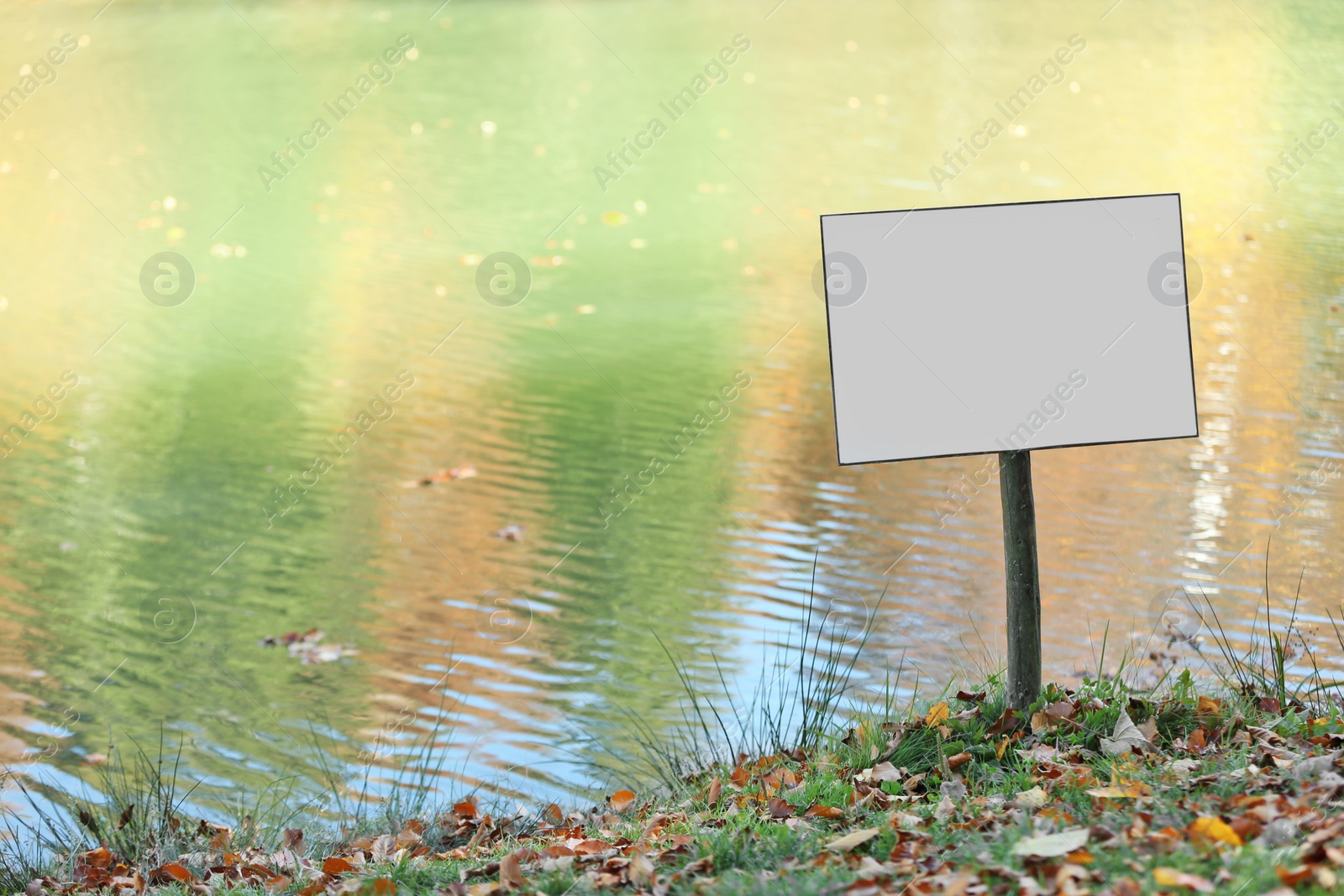 Photo of Empty sign board near pond. Space for text