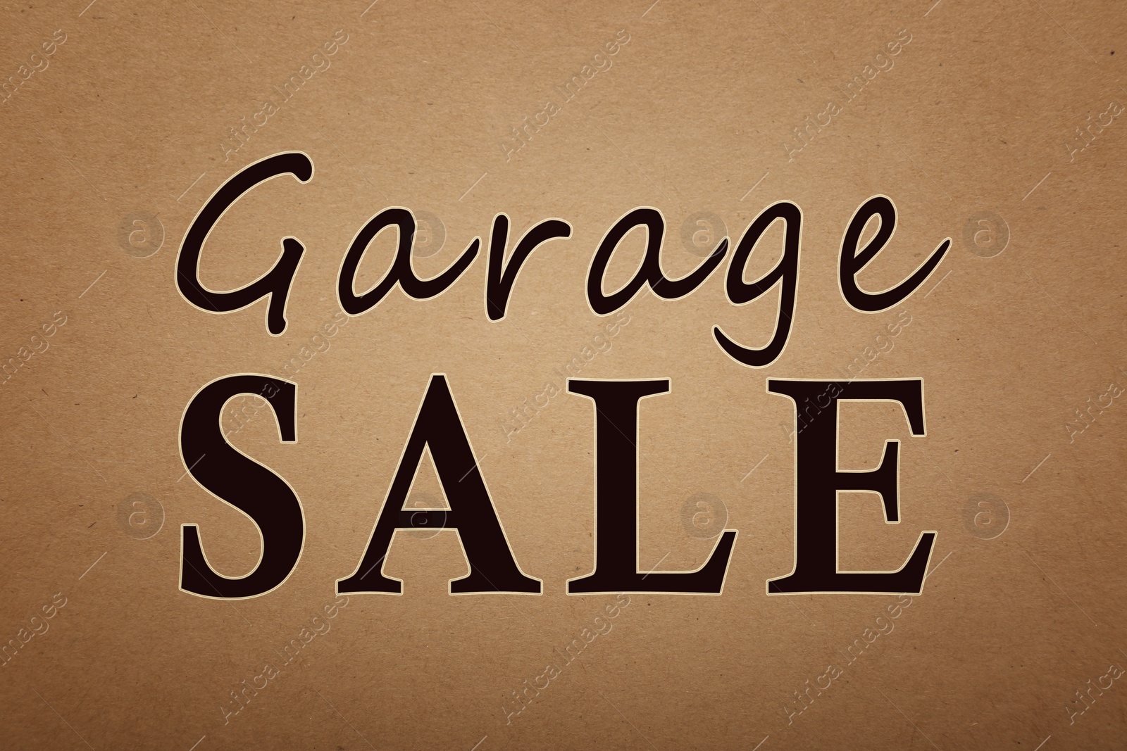 Image of Words Garage Sale on brown paper, top view