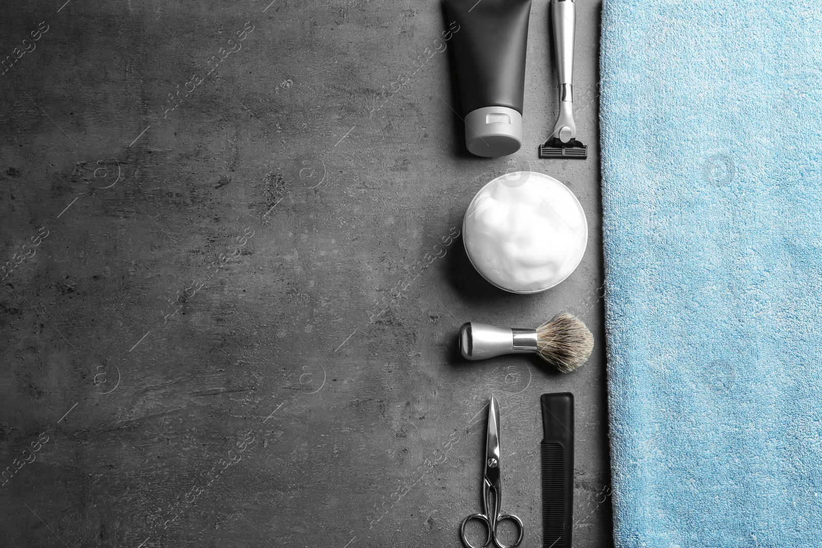 Photo of Flat lay composition with men's cosmetic products on grey background. Space for design