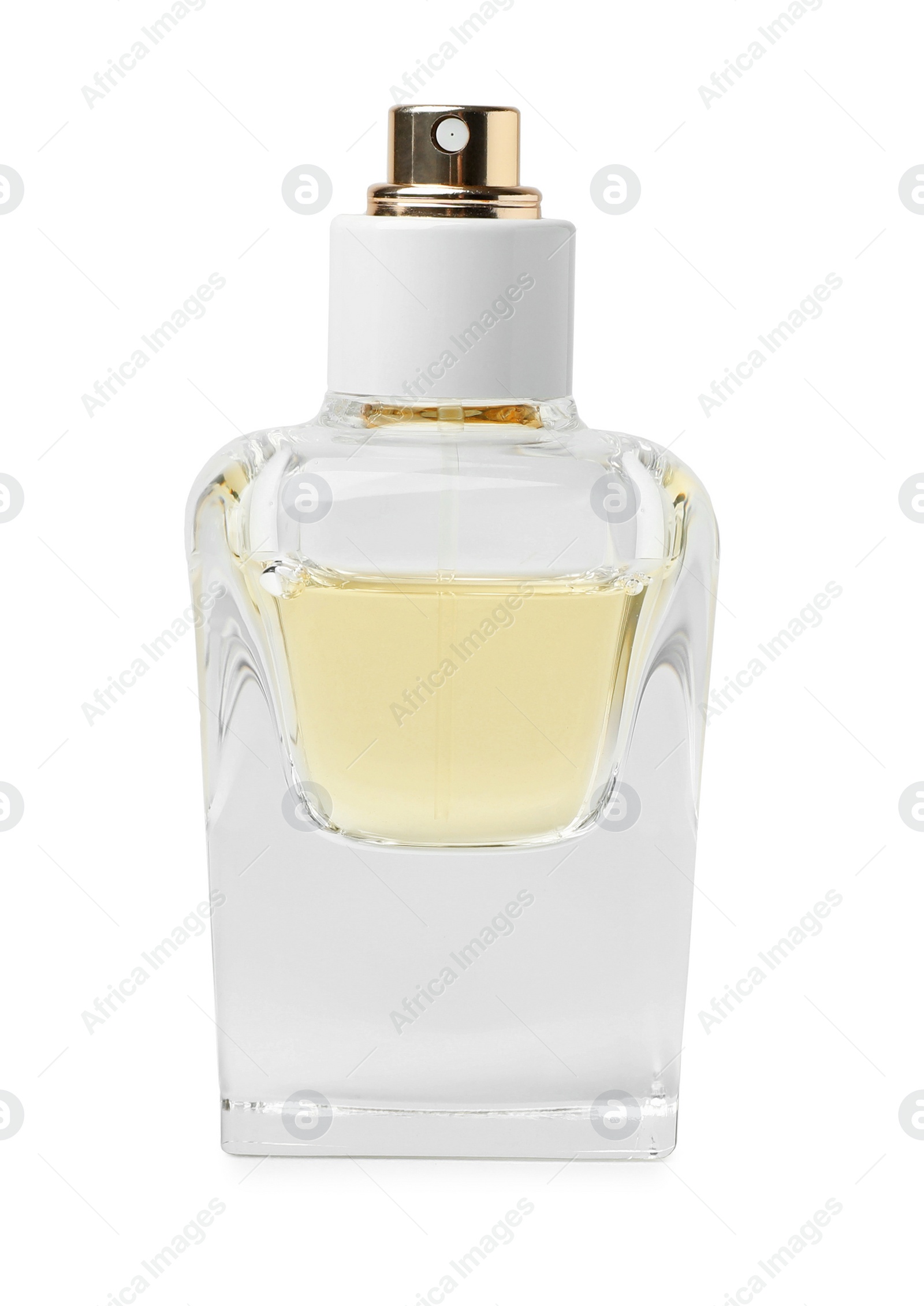 Photo of Transparent bottle of perfume on white background