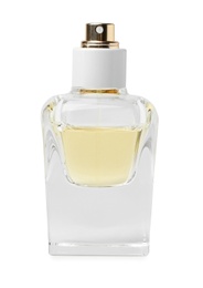 Photo of Transparent bottle of perfume on white background