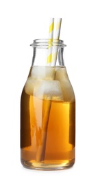 Photo of Bottle of fresh apple juice on white background