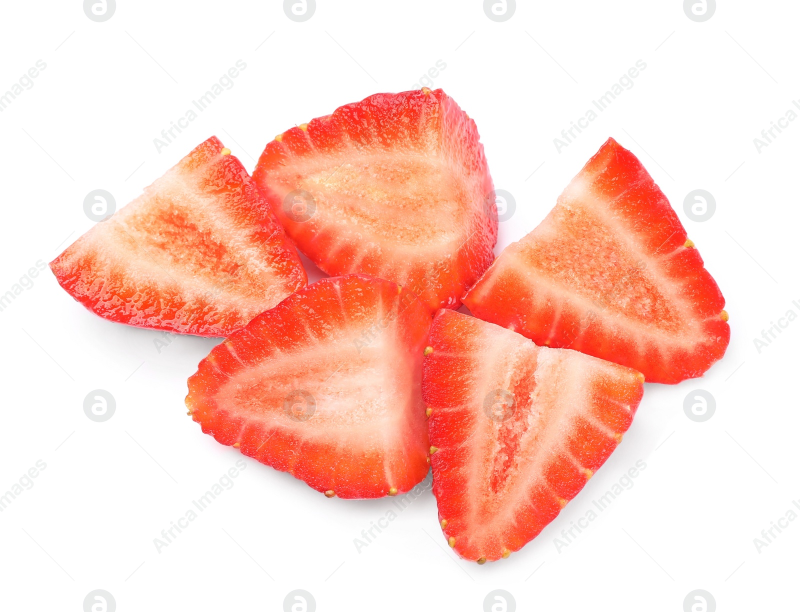 Photo of Halves of delicious fresh strawberries on white background, top view