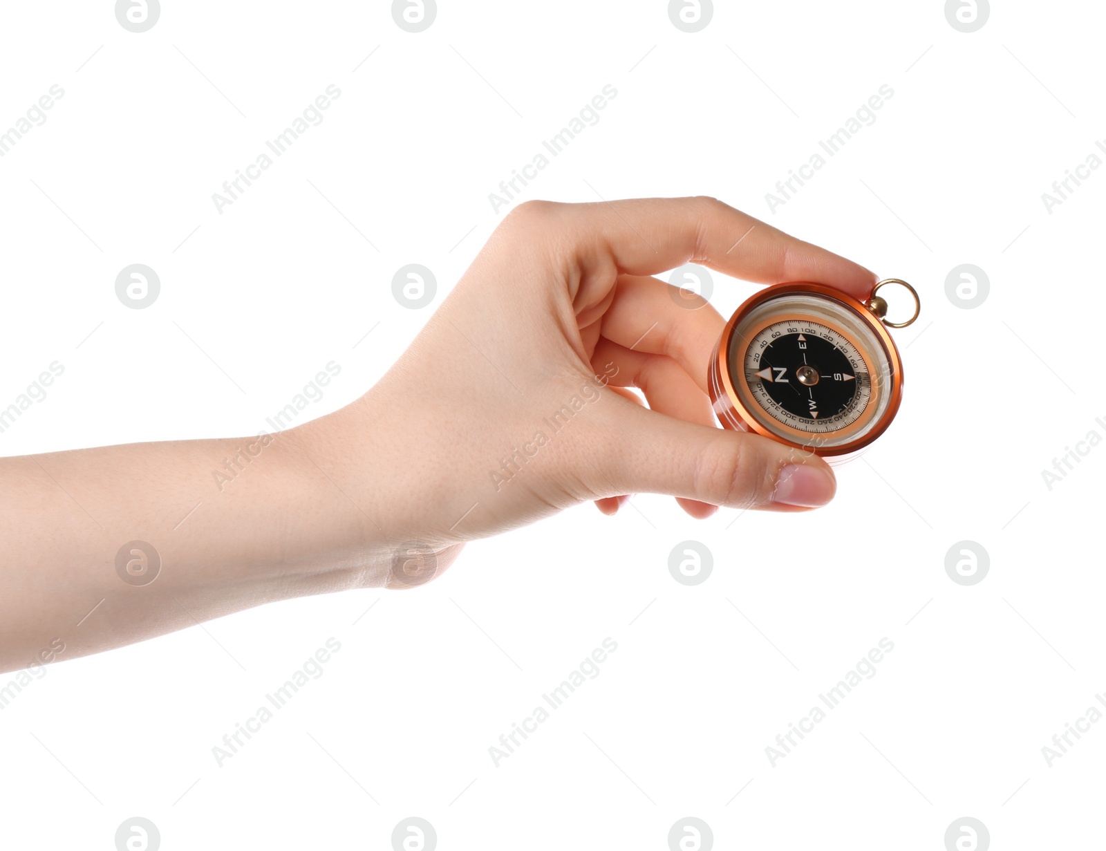 Photo of Woman holding compass on white background, closeup