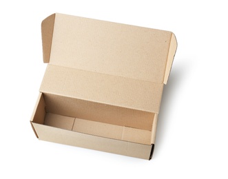 Photo of Open empty cardboard box on white background