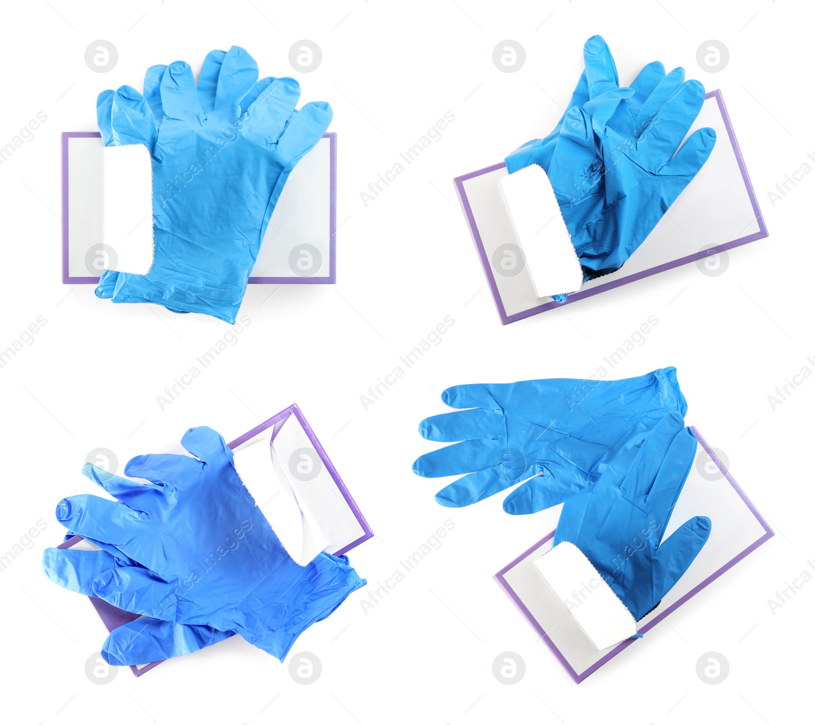 Image of Set of boxes with medical gloves on white background, top view