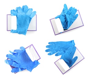 Image of Set of boxes with medical gloves on white background, top view