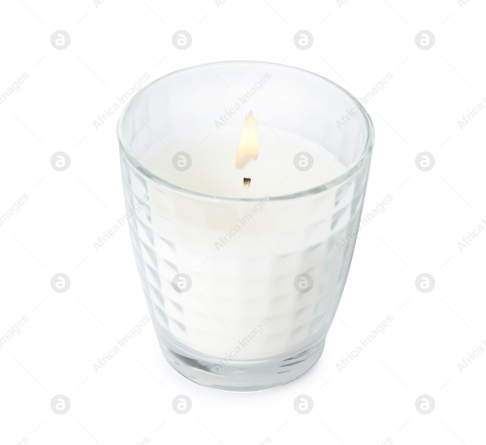 Photo of Wax candle in glass holder on white background