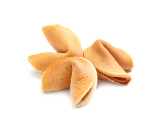 Photo of Traditional homemade fortune cookies on white background