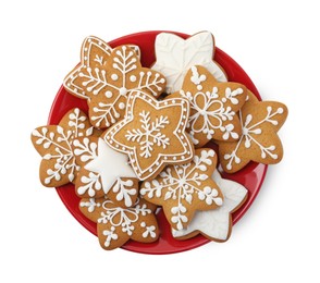 Tasty star shaped Christmas cookies with icing isolated on white, top view