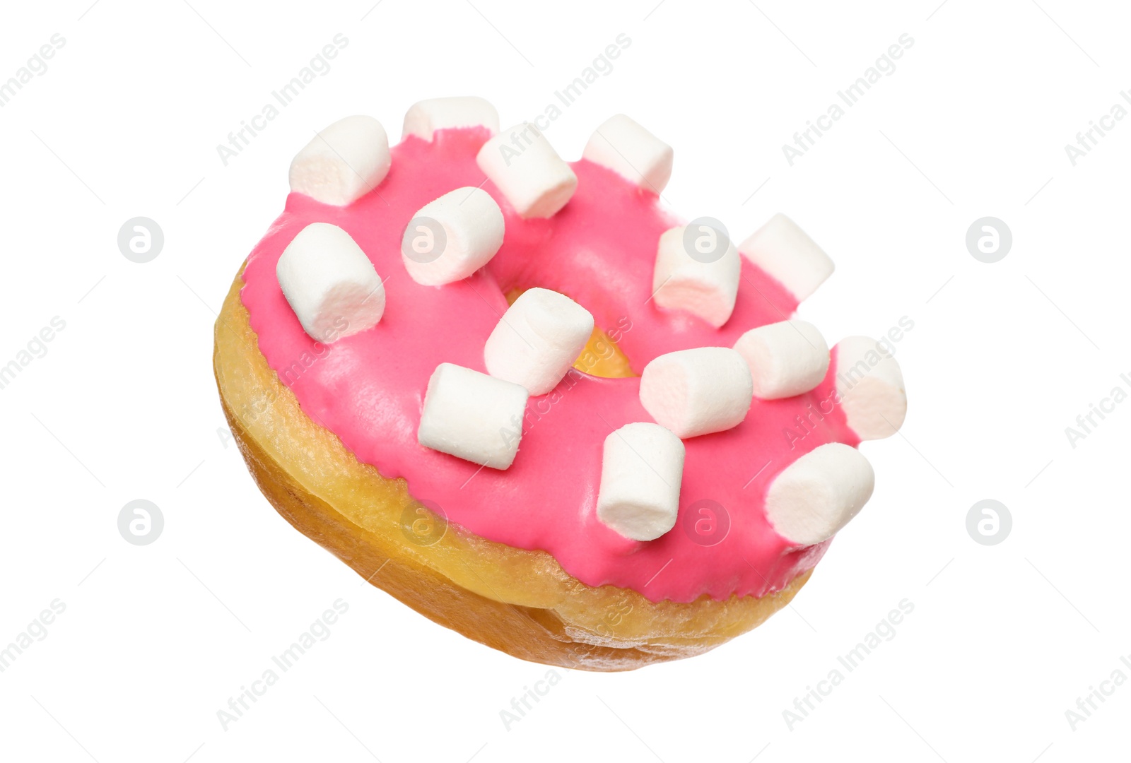 Photo of Sweet tasty glazed donut decorated with marshmallows isolated on white