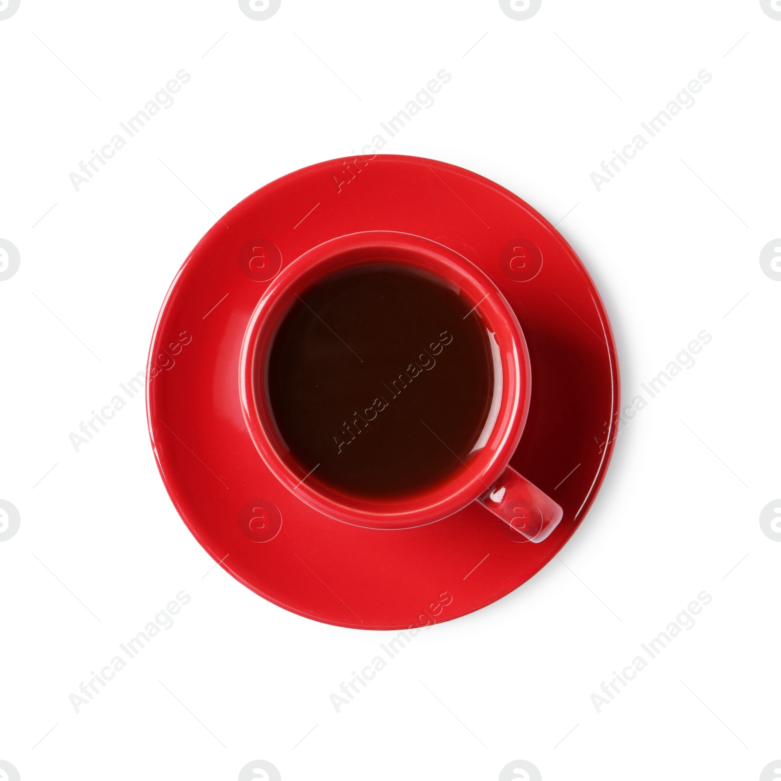 Photo of Tasty coffee in cup isolated on white, top view