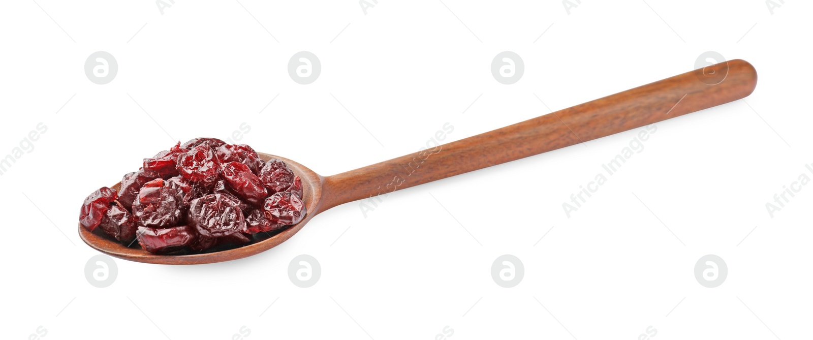 Photo of Spoon with dried cranberries isolated on white