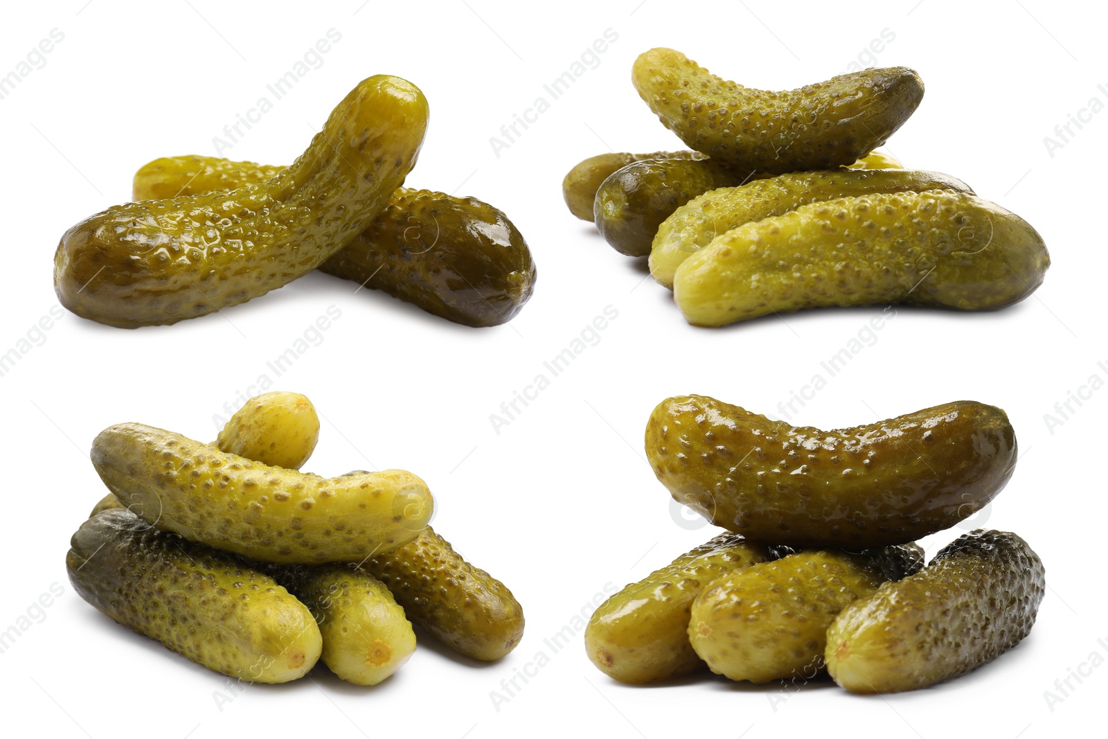 Image of Tasty pickled cucumbers isolated on white, set