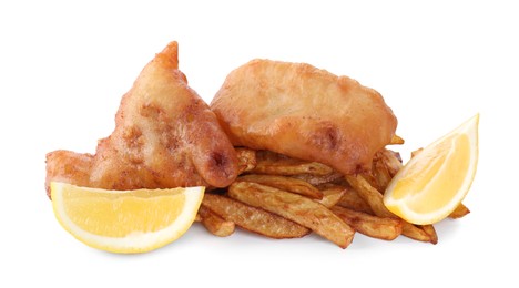 Photo of Tasty fish and chips with lemon isolated on white