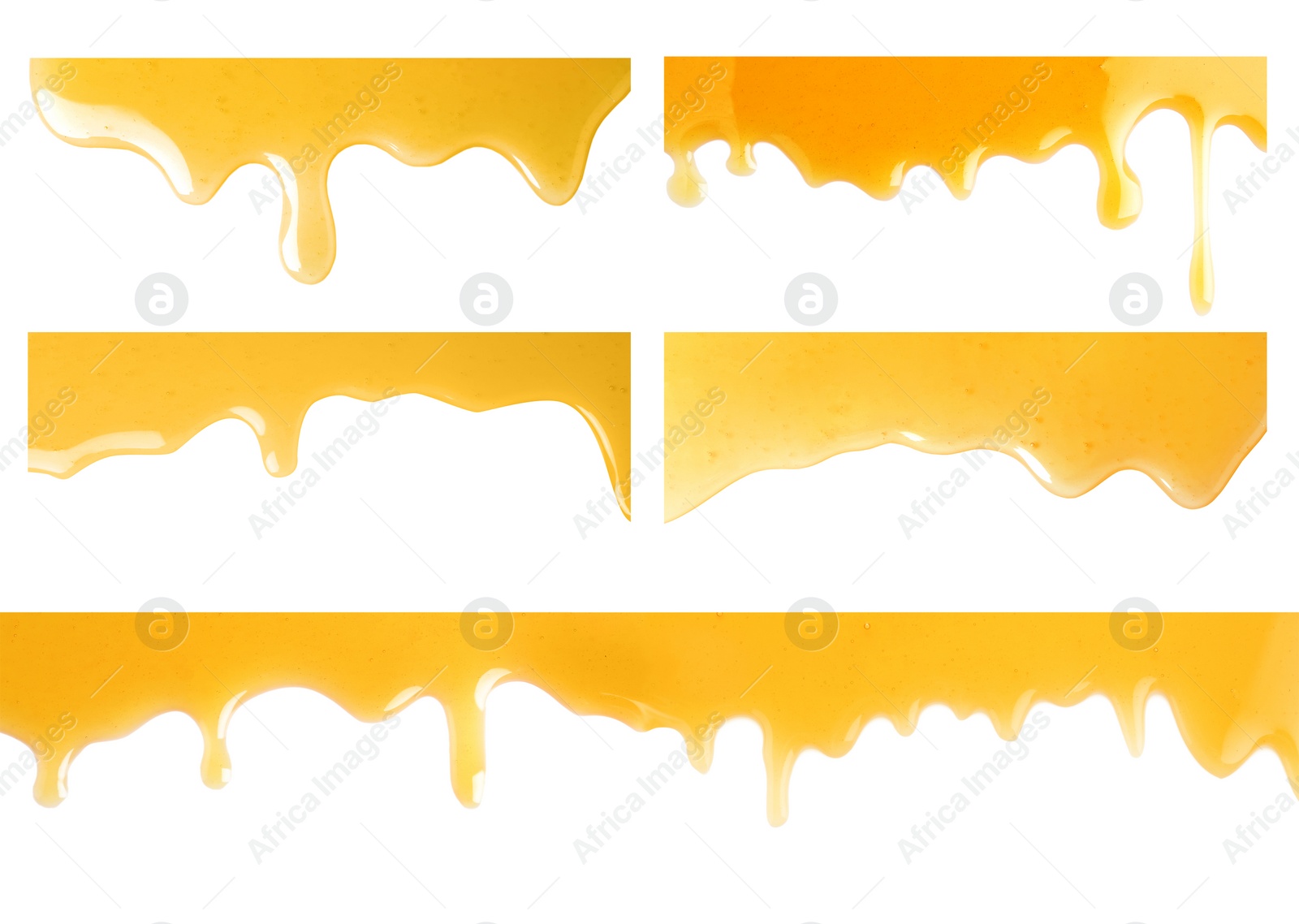 Image of Set of flowing organic delicious honey on white background