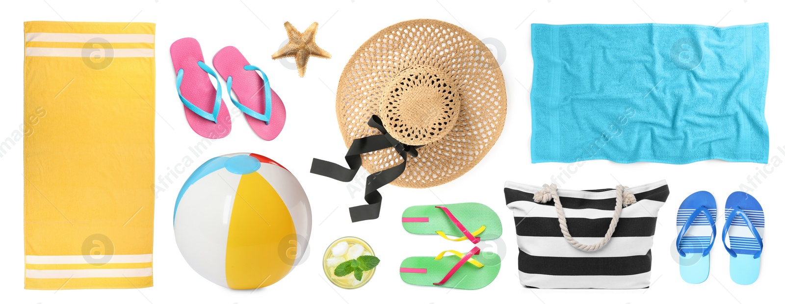 Image of Set with towels and other beach accessories on white background. Banner design