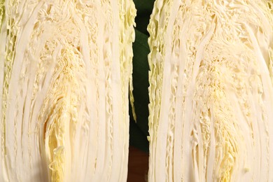 Photo of Fresh Chinese cabbages on table, top view