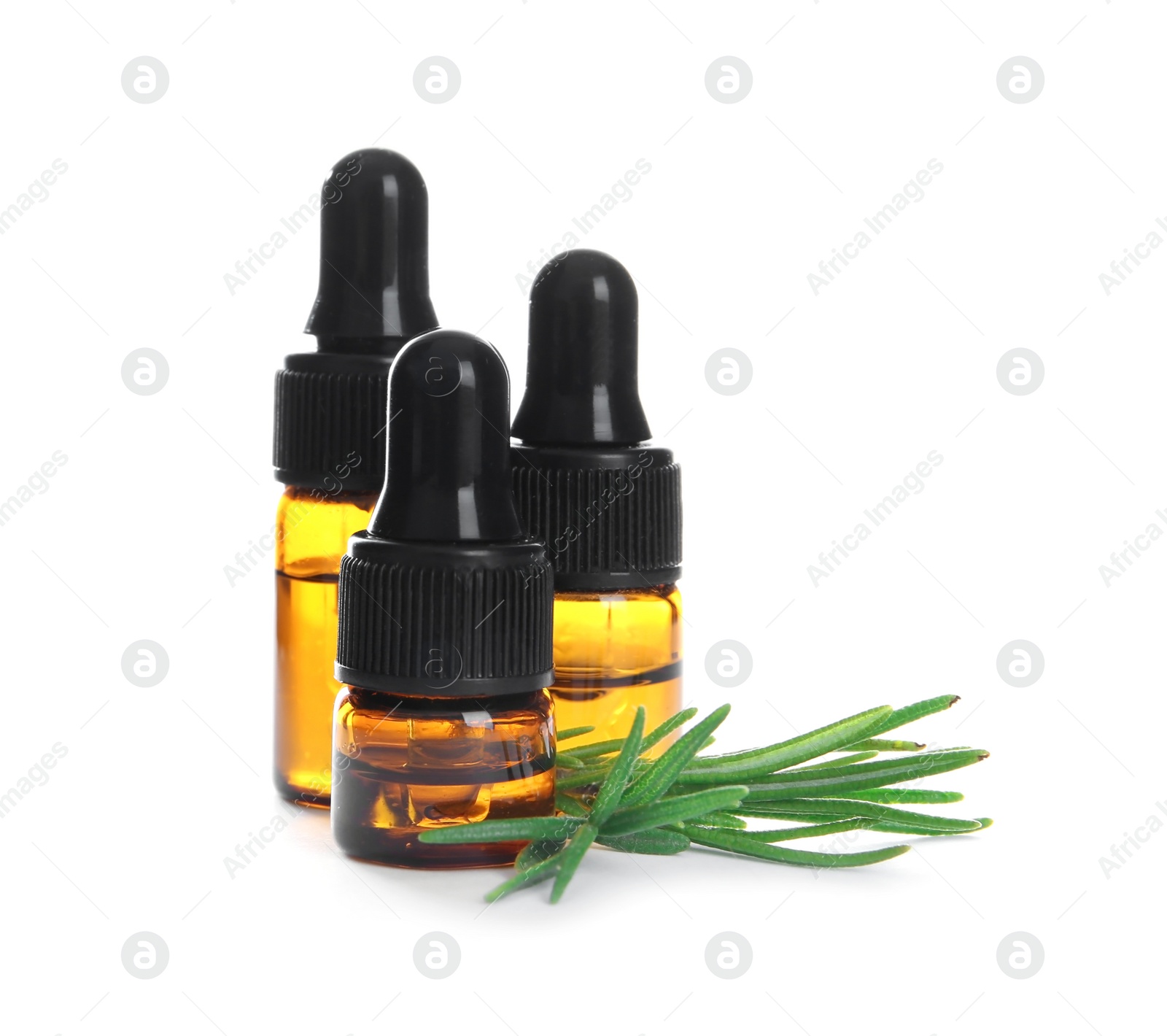 Photo of Bottles with rosemary oil on white background