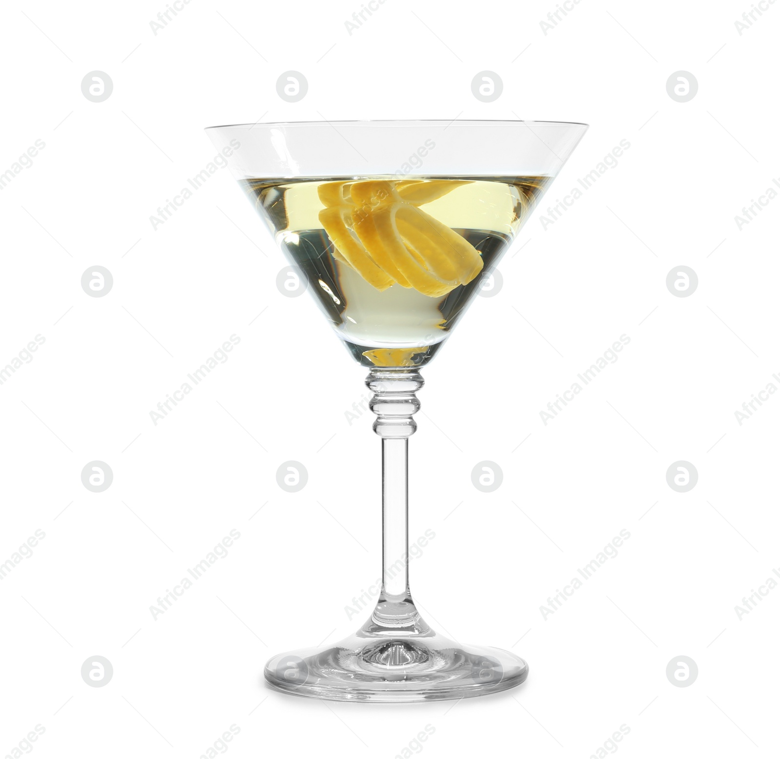 Photo of Glass of martini cocktail with lemon zest on white background