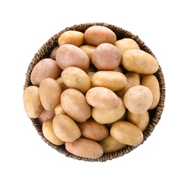 Photo of Bowl with fresh ripe organic potatoes on white background, top view