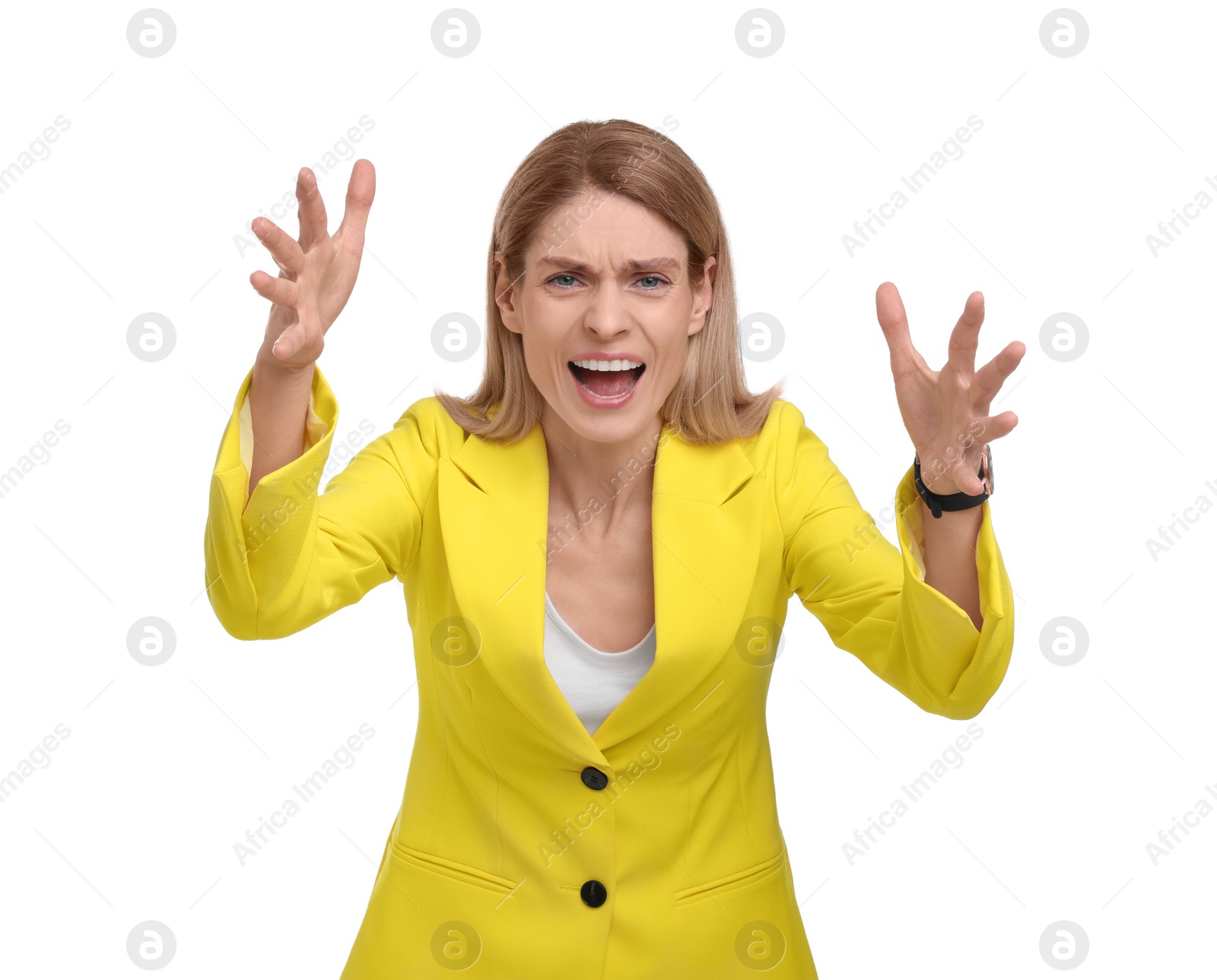 Photo of Angry business woman posing on white background