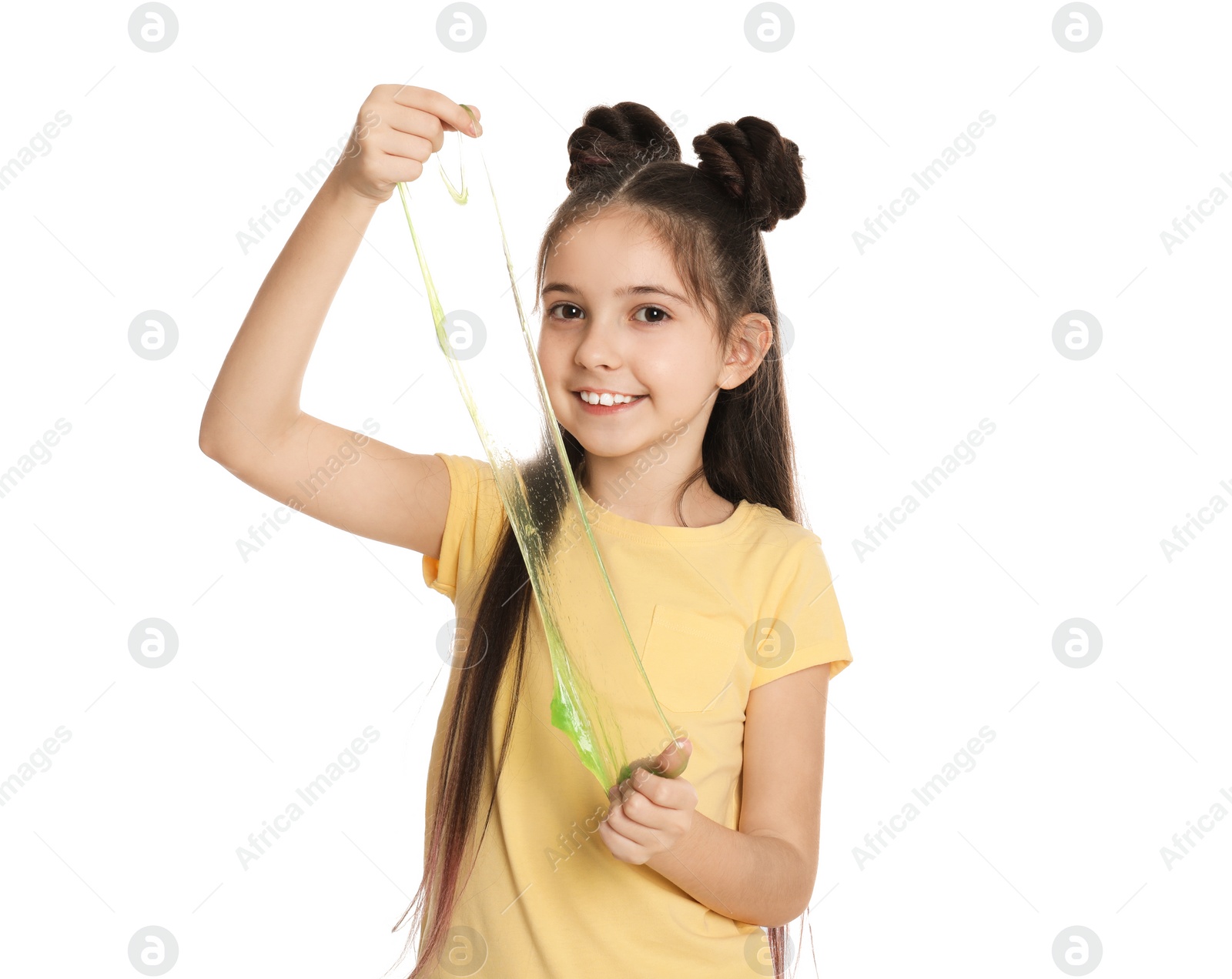 Photo of Little girl with slime on white background