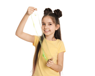 Photo of Little girl with slime on white background