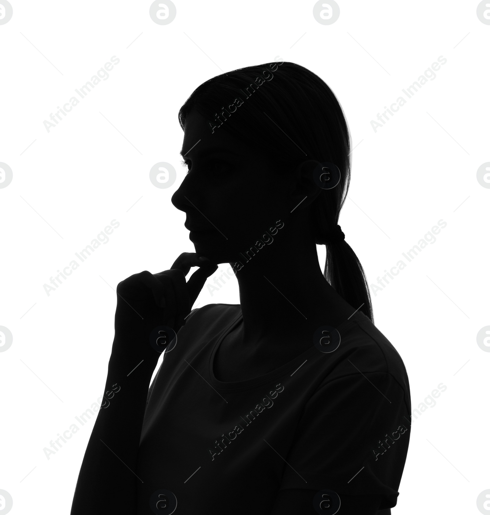 Photo of Silhouette of anonymous woman on white background