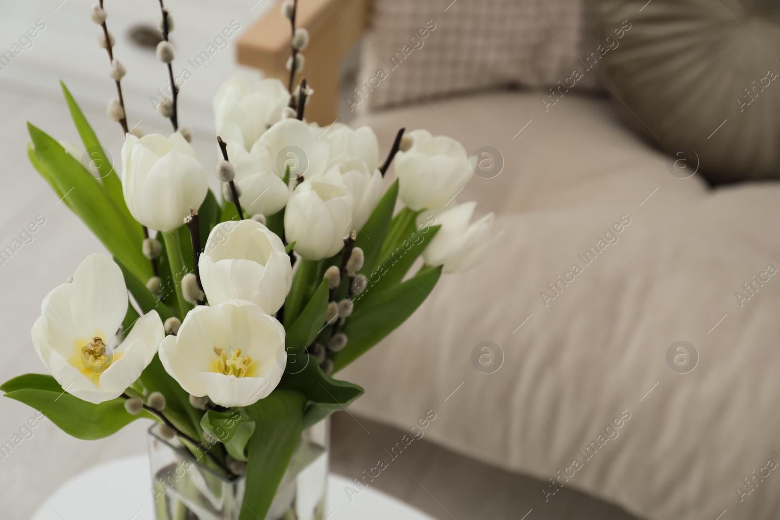 Photo of Beautiful bouquet of willow branches and tulips in vase indoors, space for text