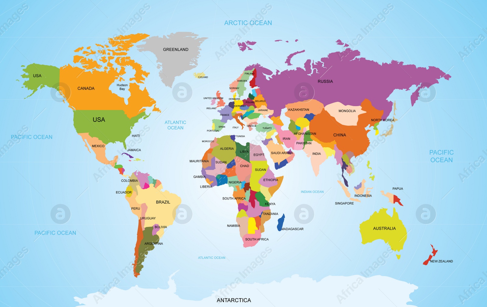 Illustration of World map with names of countries and oceans. Travel agency concept