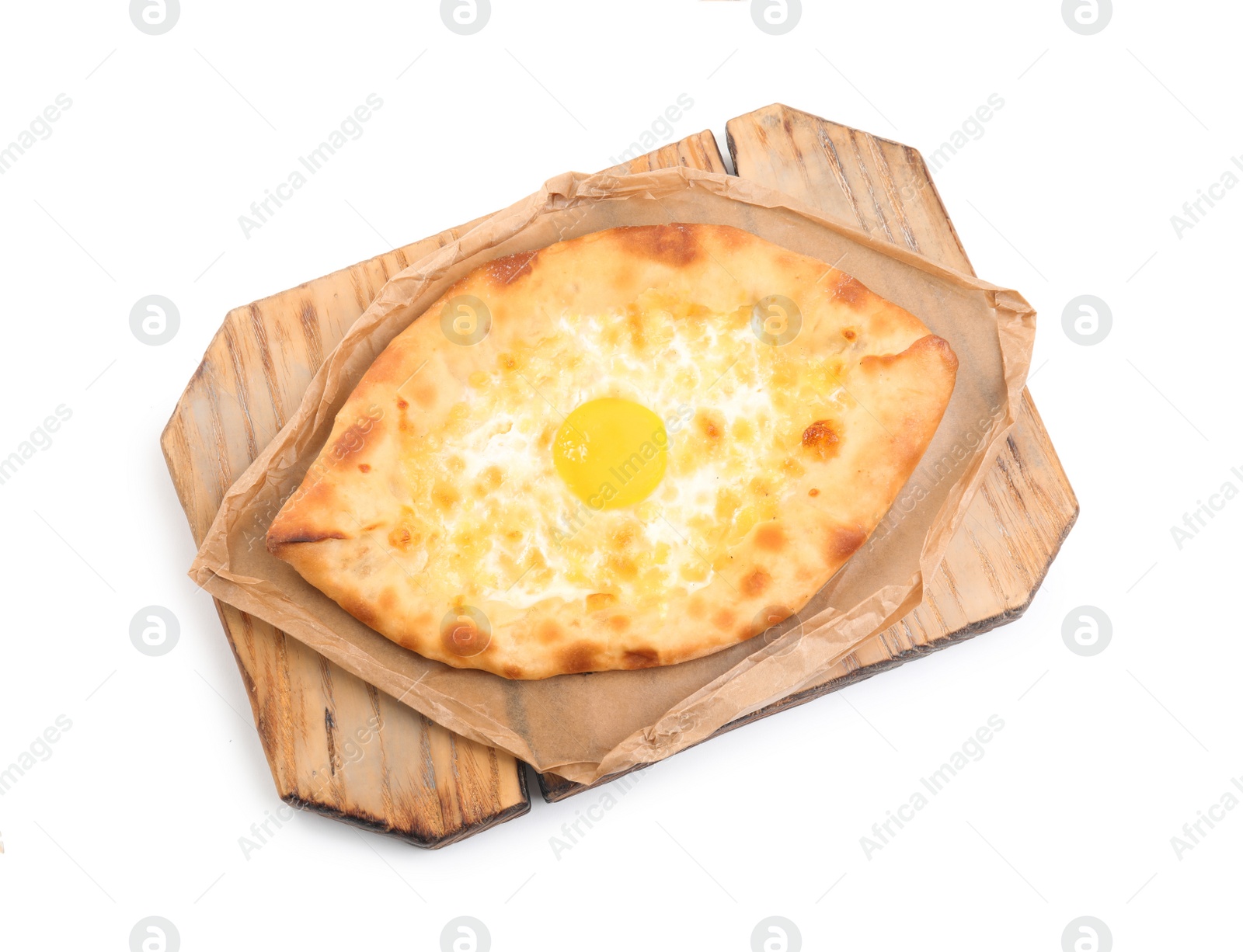 Photo of Fresh delicious Adjarian khachapuri isolated on white, top view