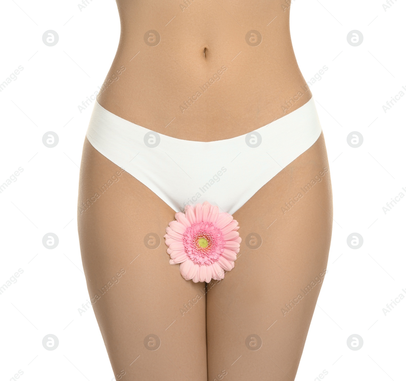 Photo of Gynecology. Woman in underwear with gerbera flower on white background, closeup