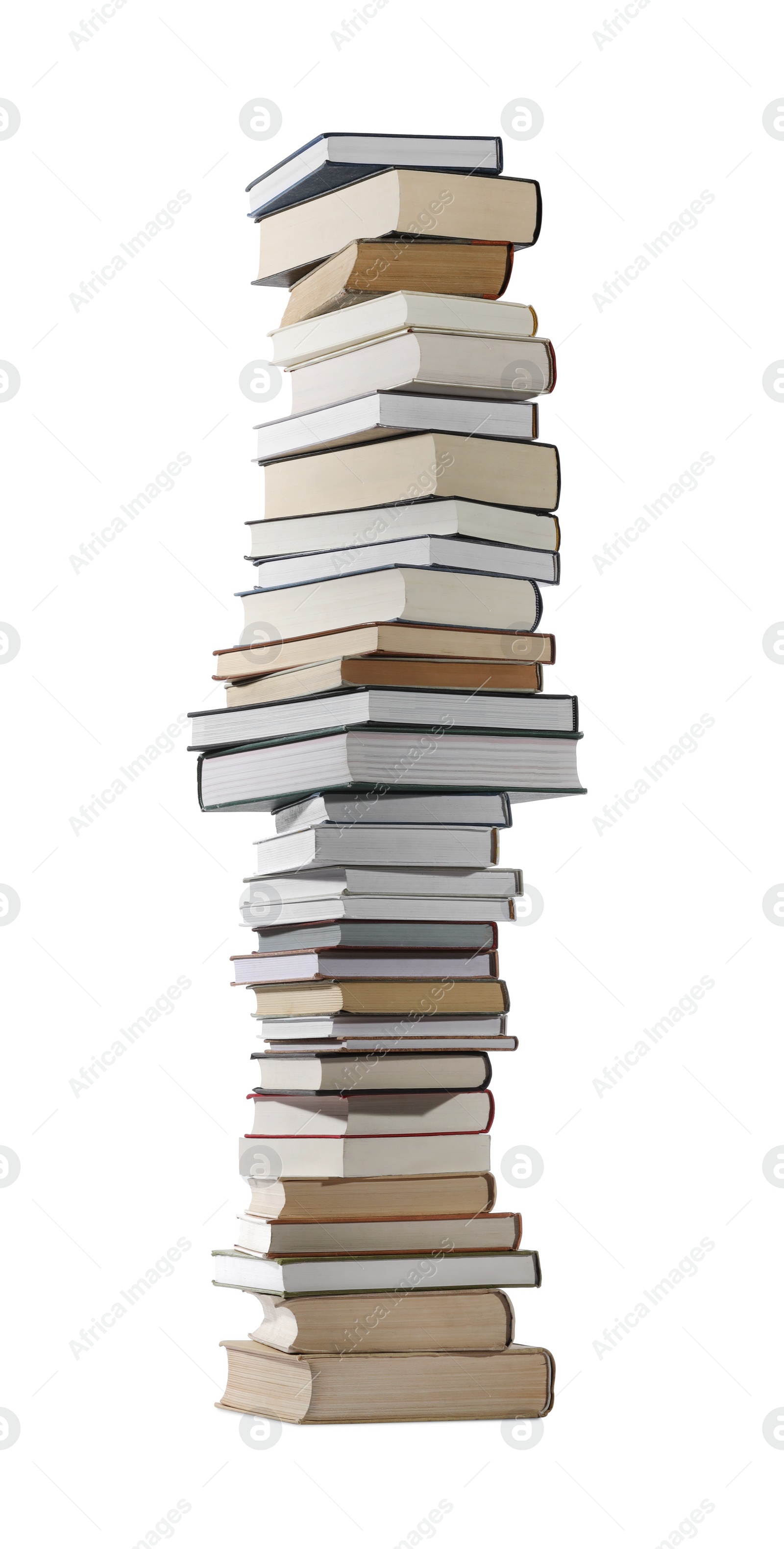 Photo of High stack of many different books isolated on white