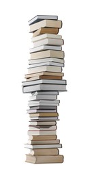 Photo of High stack of many different books isolated on white