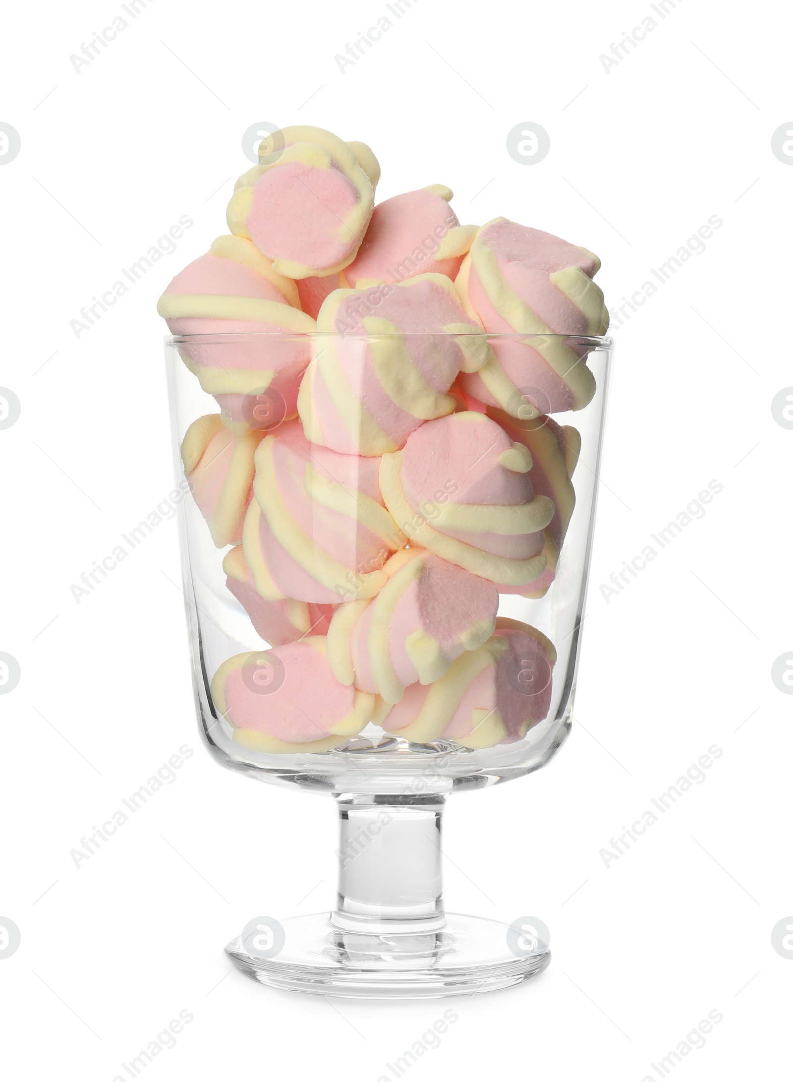 Photo of Many tasty marshmallows in glass dessert bowl isolated on white