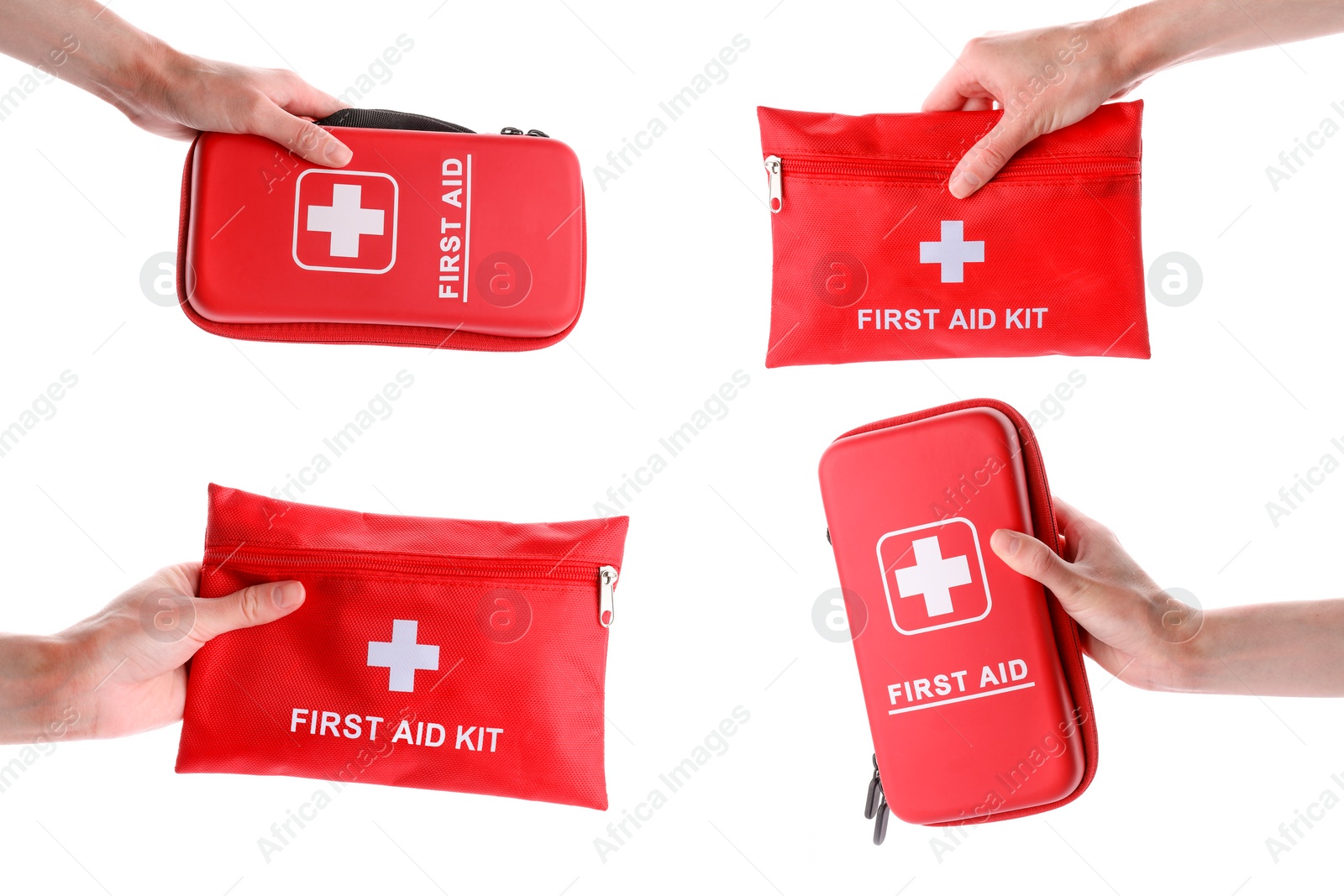 Image of Collage with photos of woman holding first aid kits on white background, closeup