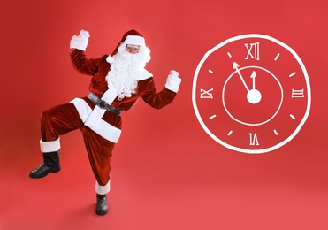 Image of Christmas countdown. Clock showing five minutes to midnight near Santa Claus on red background