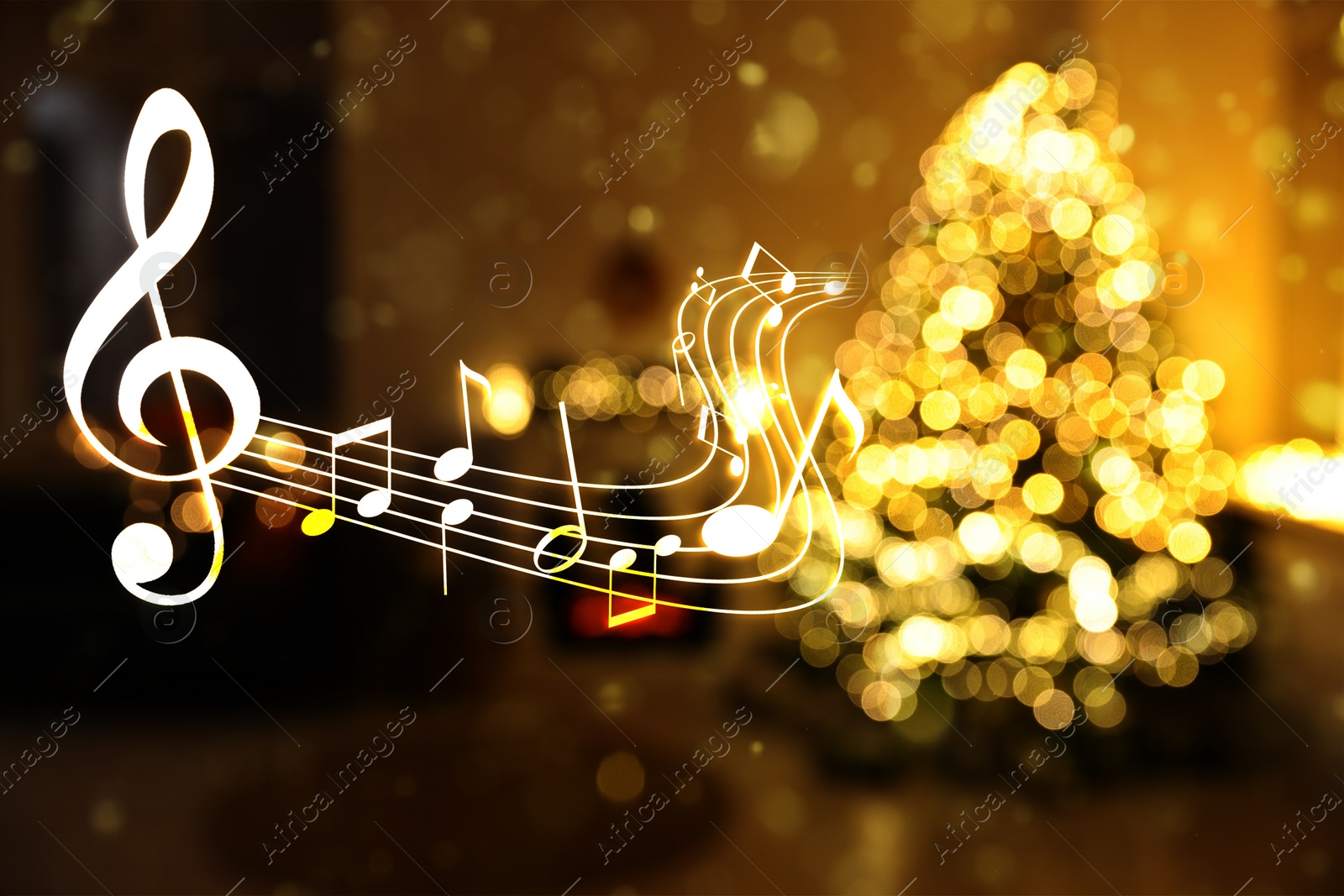 Image of Music notes and blurred view of room decorated for Christmas and New Year celebration, bokeh effect